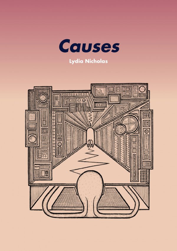 cover of a story called "Cause", black squared image on faded pink background