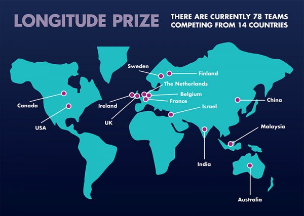 Longitude Prize image, world map with blue background and light blue land