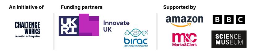 Logos of Challenge Works, Innovate UK, BIRAC, Amazon, BBC, M&C and Science Museum